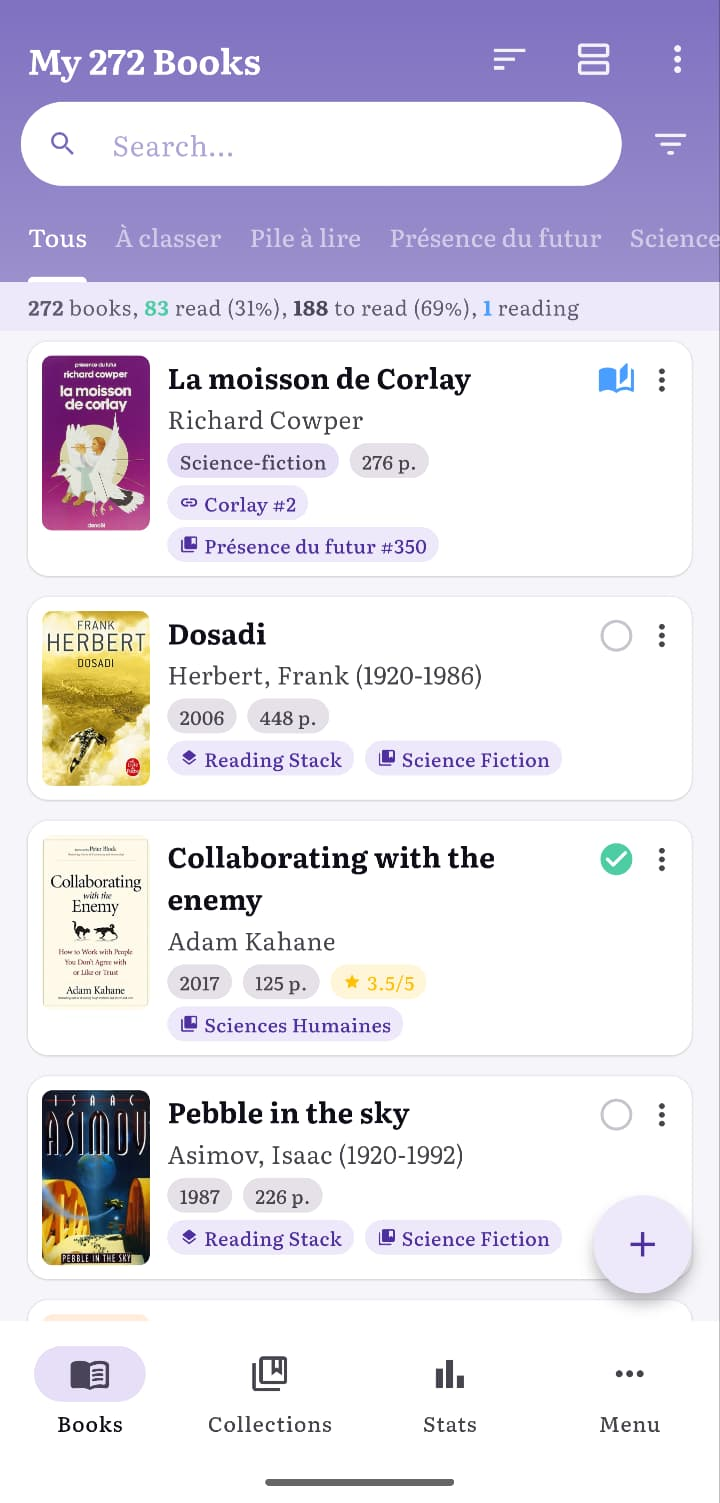 Books Tracker book library list with reading status and book covers
