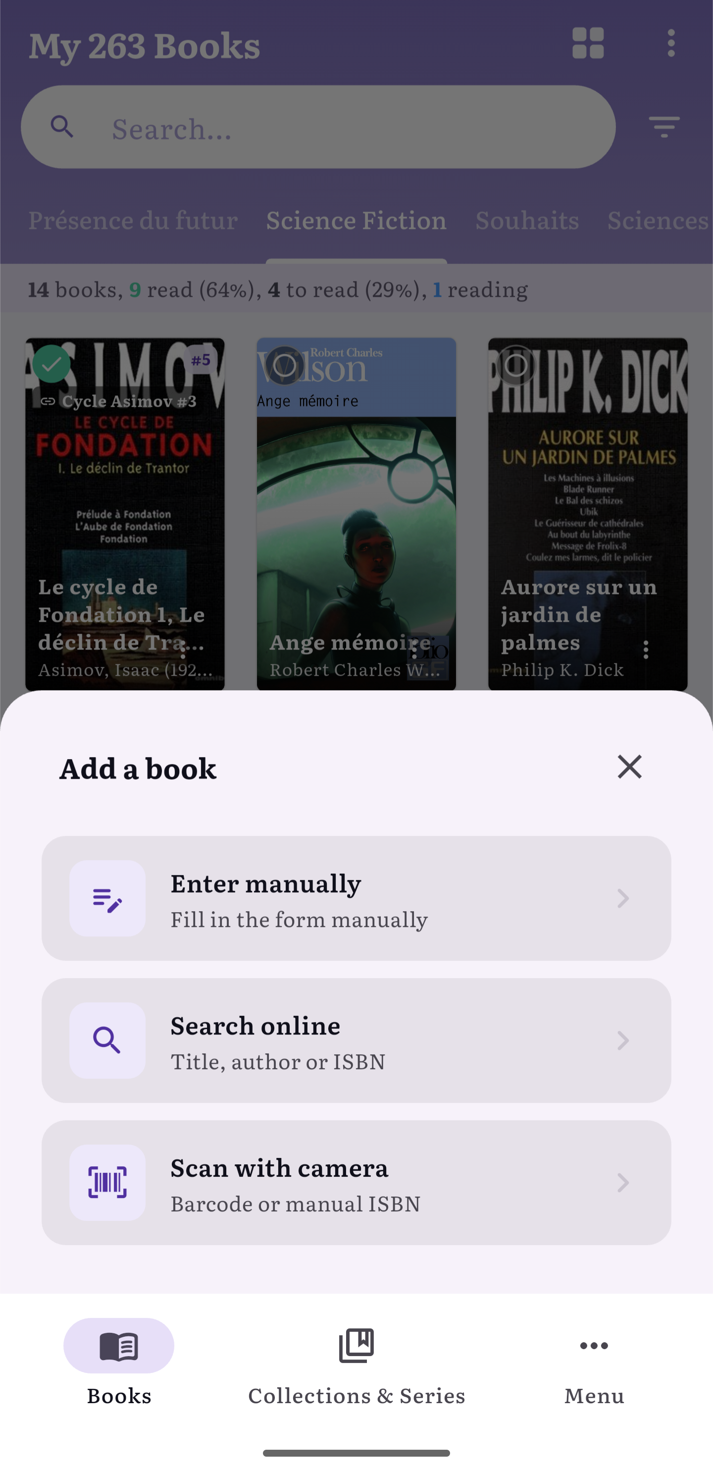 Books Tracker grid view showing book covers like a bookshelf